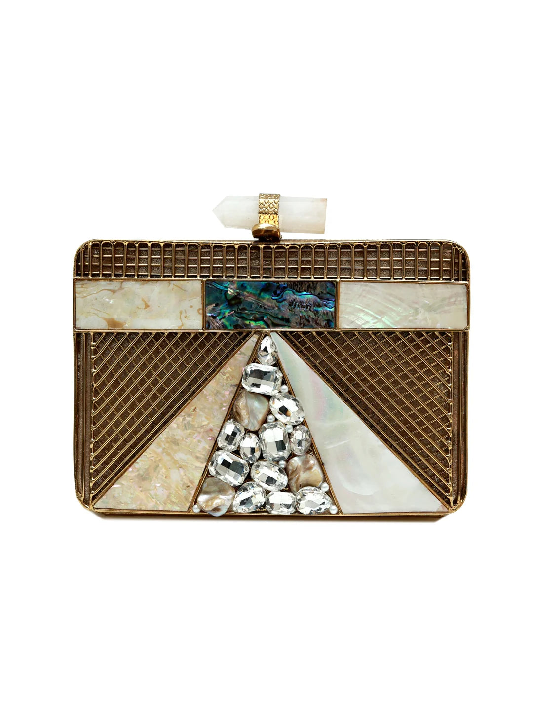 Dina Brass Clutch by The Tan Clan featuring a sleek, metallic finish and compact design for elegant evening carry.