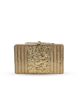 Elena Brass Clutch by The Tan Clan featuring a sleek, metallic design with a fold-over flap and elegant hardware.
