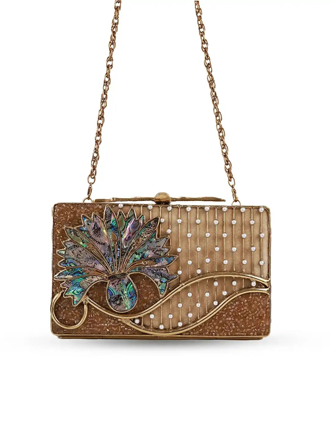 Elena Brass Clutch from The Tan Clan featuring a sleek, metallic gold design with a fold-over flap and elegant hardware.