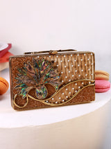 Elena Brass Clutch by The Tan Clan featuring a sleek metallic finish and compact design for elegant evening wear.