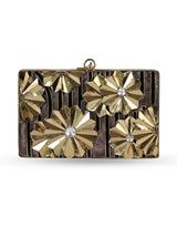 Elsa Brass Clutch by The Tan Clan featuring a sleek brass finish and elegant design, perfect for evening occasions.
