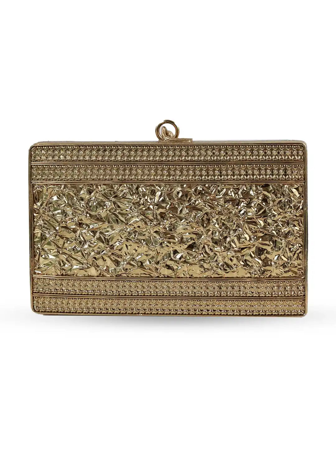 Elsa Brass Clutch by The Tan Clan featuring a sleek, metallic design and elegant clasp, perfect for evening occasions.