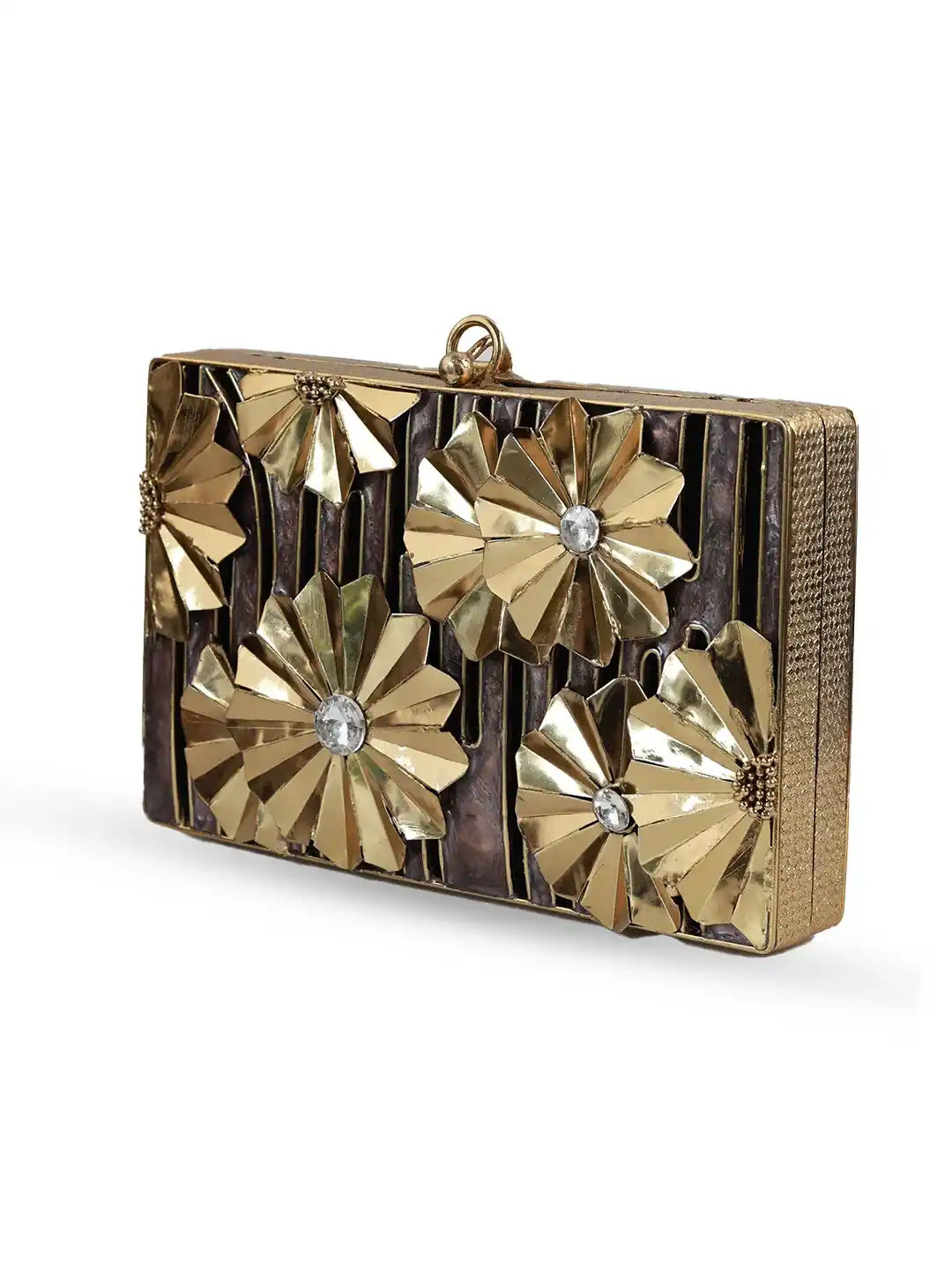 Elsa Brass Clutch by The Tan Clan featuring a sleek metallic finish and compact design, perfect for elegant evening accessories.