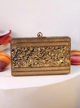 Elsa Brass Clutch by The Tan Clan featuring a sleek metallic design and compact shape for elegant evening carry.