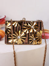 Elsa Brass Clutch by The Tan Clan, stylish gold-toned clutch with sleek design and textured surface, perfect for evening occasions.