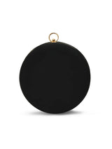 Black round clutch purse from The Tan Clan's Glitz collection, featuring a sleek design and shiny finish.