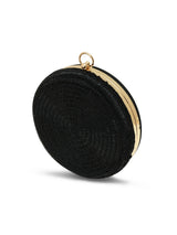 Black Glitz Round Clutch by The Tan Clan featuring a sparkling, round design perfect for evening occasions.