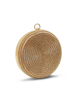 Gold round clutch purse by The Tan Clan featuring a shiny, metallic finish, perfect for evening events and stylish occasions.