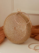 Gold round clutch bag by The Tan Clan, stylish gold clutch with a sleek design perfect for evening events.