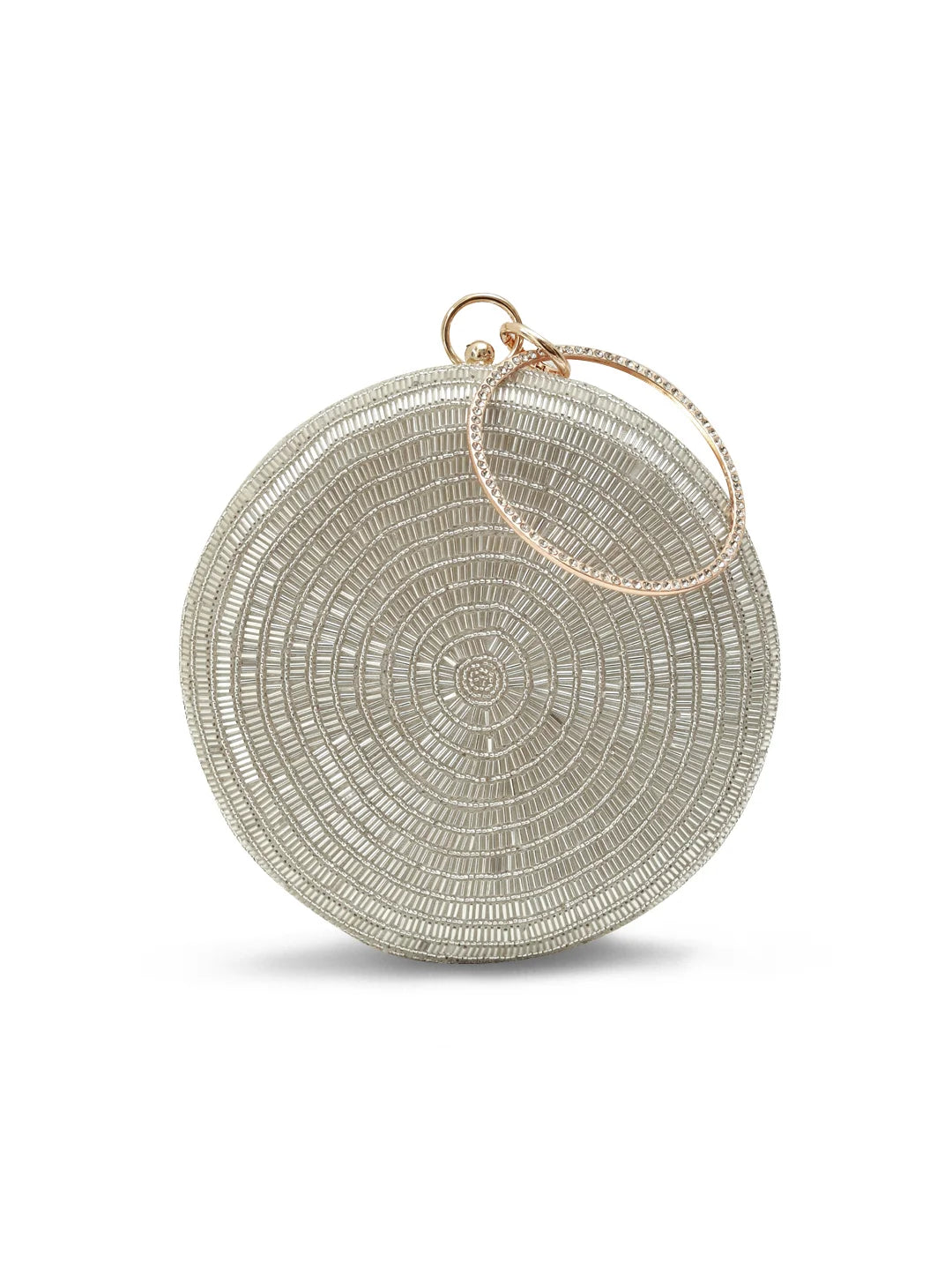 Silver round clutch bag from The Tan Clan featuring a shiny, metallic finish with a sleek, elegant design.