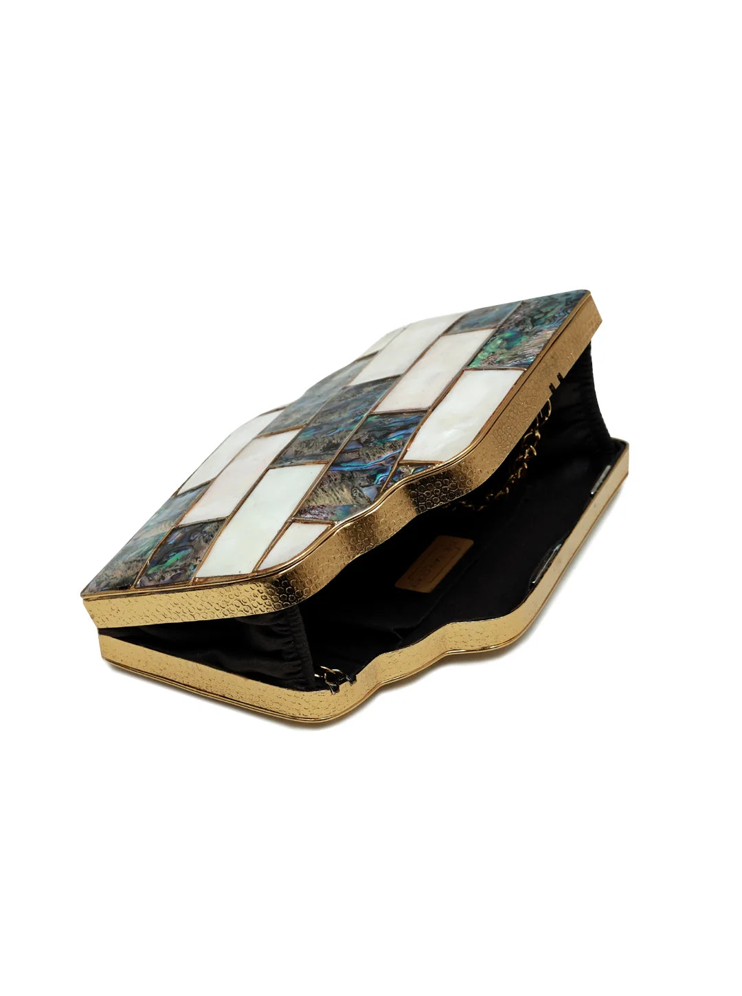 Jean Mother of Pearl Brass Clutch by The Tan Clan, showcasing a stylish clutch with mother of pearl and brass details.