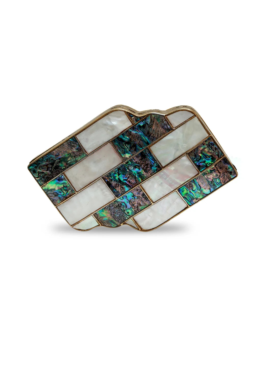 Jean Mother of Pearl Brass Clutch from The Tan Clan, featuring a sleek design with pearl and brass accents, perfect for elegant occasions.