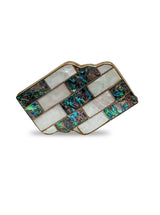 Jean Mother of Pearl Brass Clutch from The Tan Clan, featuring a sleek design with pearl and brass accents, perfect for elegant occasions.