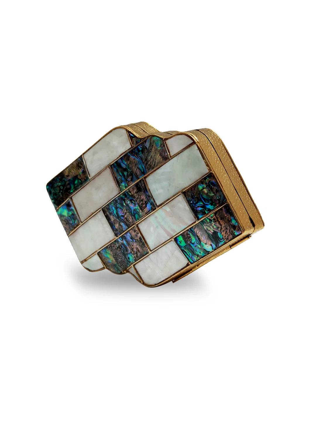 Jean Mother of Pearl Brass Clutch from The Tan Clan, stylish clutch purse with iridescent pearl finish and brass accents.
