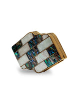 Jean Mother of Pearl Brass Clutch from The Tan Clan, stylish clutch purse with iridescent pearl finish and brass accents.