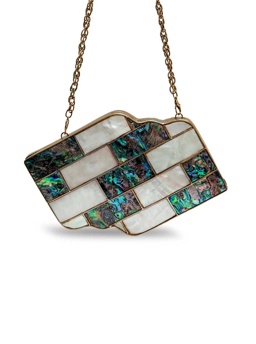 Jean Mother of Pearl Brass Clutch by The Tan Clan featuring a sleek design with pearl accents and brass details.