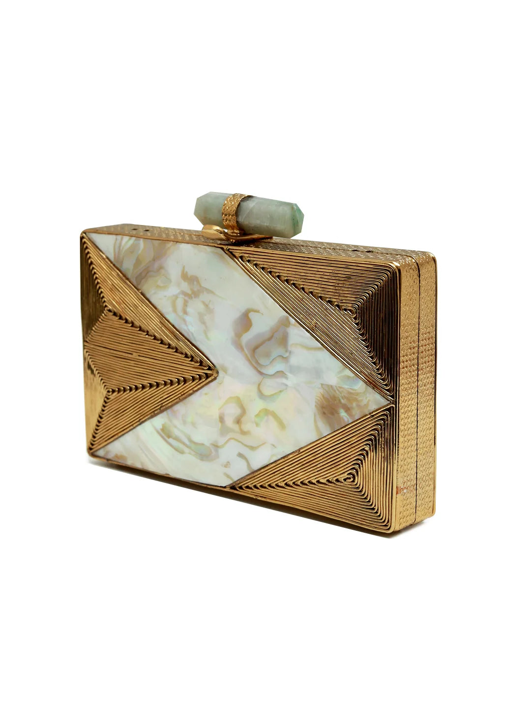 Krysty mother of pearl brass clutch by The Tan Clan featuring a sleek, elegant design with iridescent shell and metallic accents.