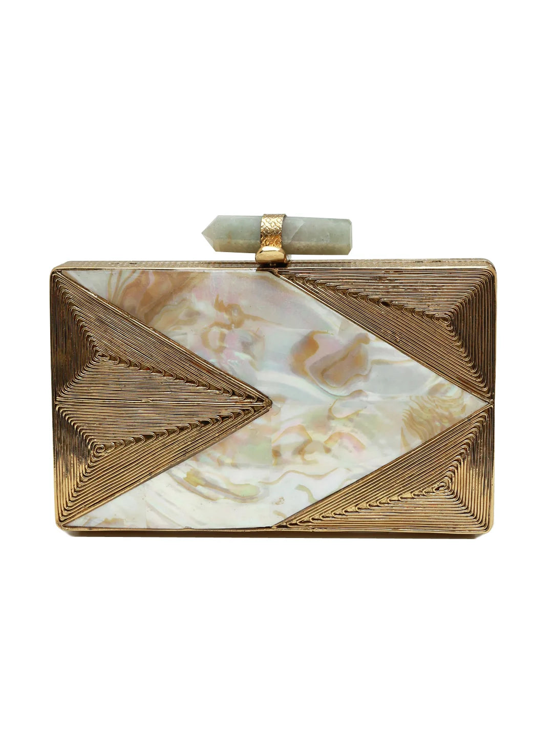 Krysty Mother of Pearl Brass Clutch by The Tan Clan, elegant clutch with iridescent pearl details and brass accents.