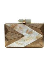 Krysty Mother of Pearl Brass Clutch by The Tan Clan, elegant clutch with iridescent pearl details and brass accents.