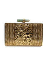 Krysty Mother of Pearl Brass Clutch by The Tan Clan featuring iridescent pearl surface and elegant brass accents.