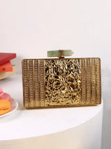 Krysty Mother of Pearl Brass Clutch by The Tan Clan featuring a polished mother of pearl surface and elegant brass accents.