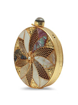 Lisa Golden Brass Clutch by The Tan Clan, showcasing a stylish gold-toned brass clutch with elegant detailing.