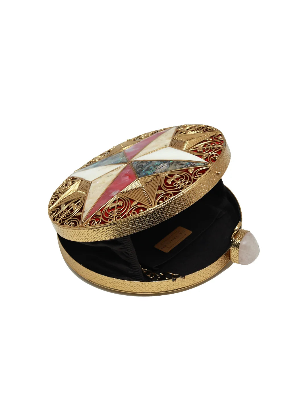 Lisa Golden Brass Clutch by The Tan Clan featuring a sleek, metallic gold design with a compact, elegant silhouette.