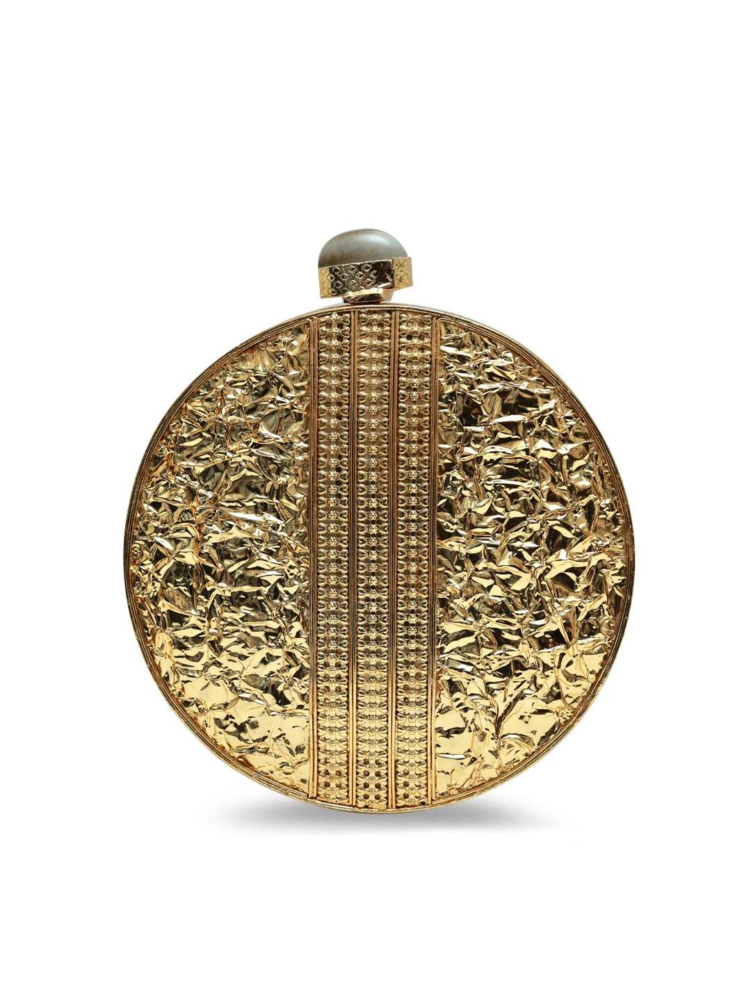Lisa Golden Brass Clutch by The Tan Clan featuring a sleek, metallic gold finish and compact design for elegant occasions.