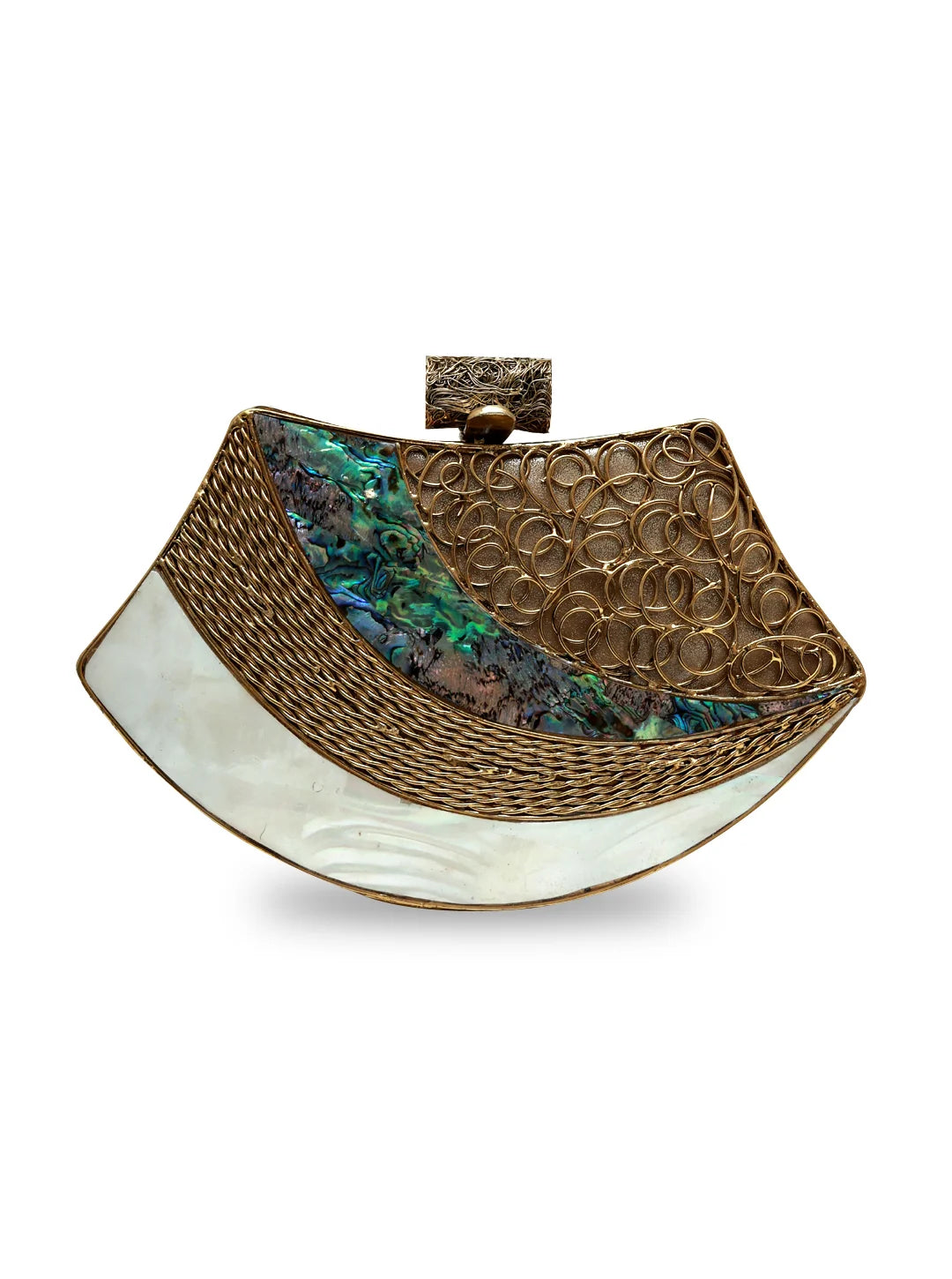 Lynn Golden Brass Clutch by The Tan Clan, featuring a sleek metallic design and compact style for evening occasions.