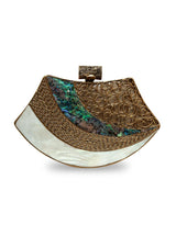 Lynn Golden Brass Clutch by The Tan Clan, featuring a sleek metallic design and compact style for evening occasions.