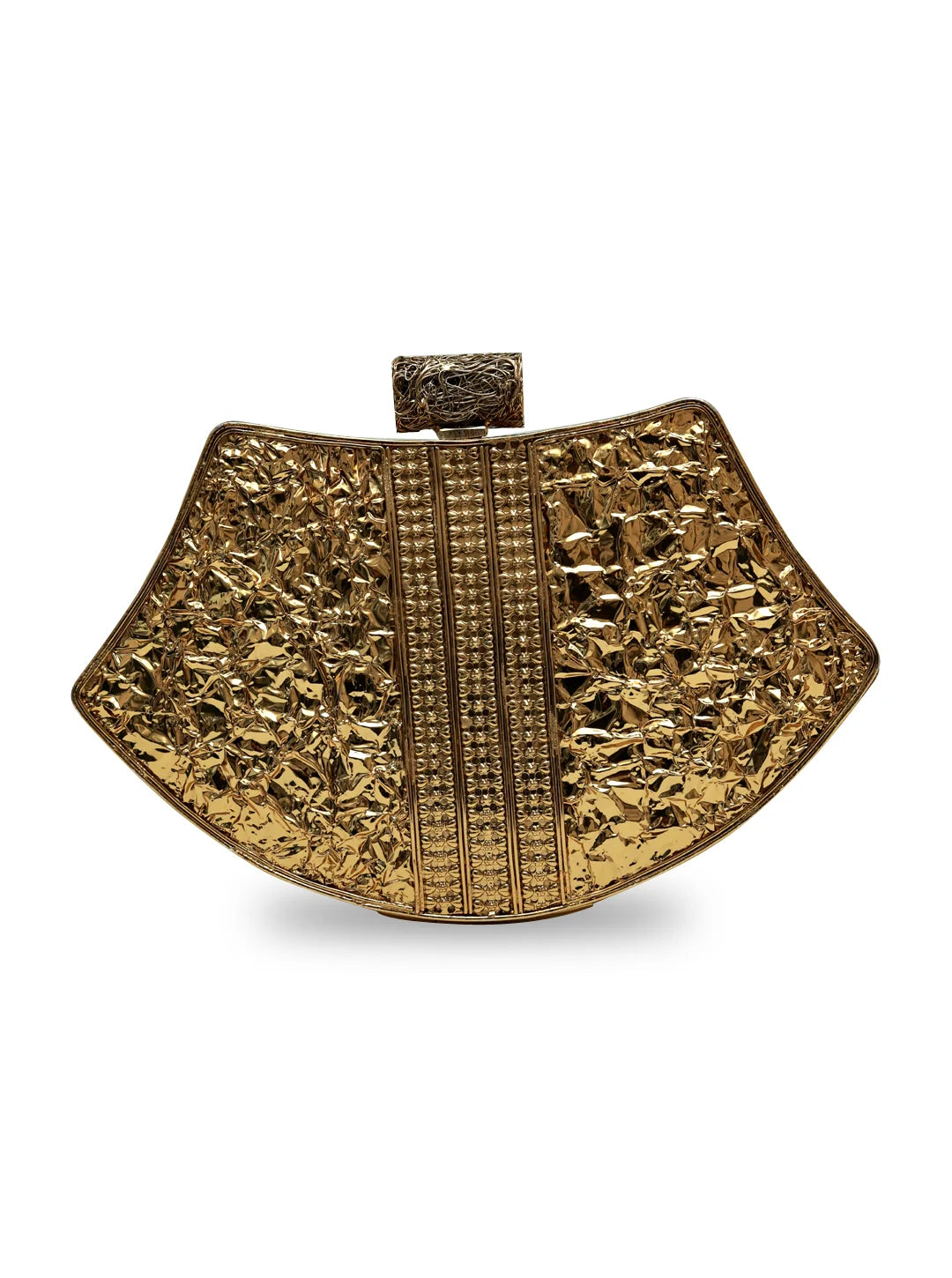 Lynn Golden Brass Clutch by The Tan Clan featuring a sleek, metallic gold design with a textured finish and elegant clasp.
