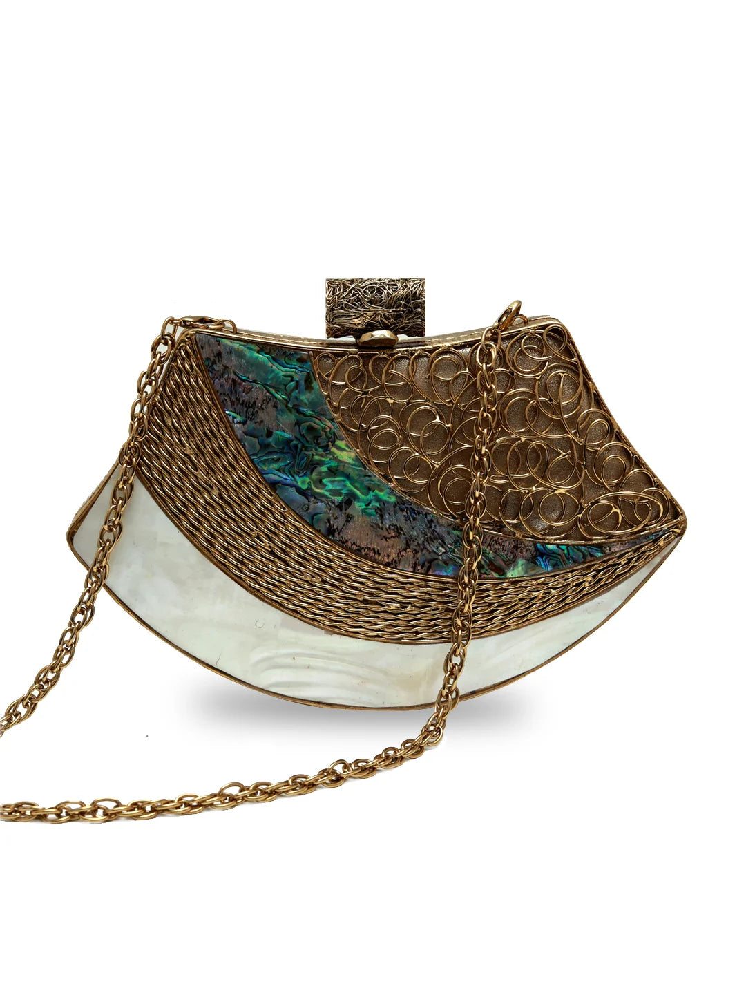Lynn Golden Brass Clutch by The Tan Clan featuring a shiny brass finish and elegant design for evening occasions.