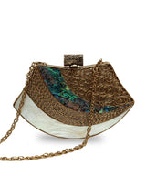 Lynn Golden Brass Clutch by The Tan Clan featuring a shiny brass finish and elegant design for evening occasions.