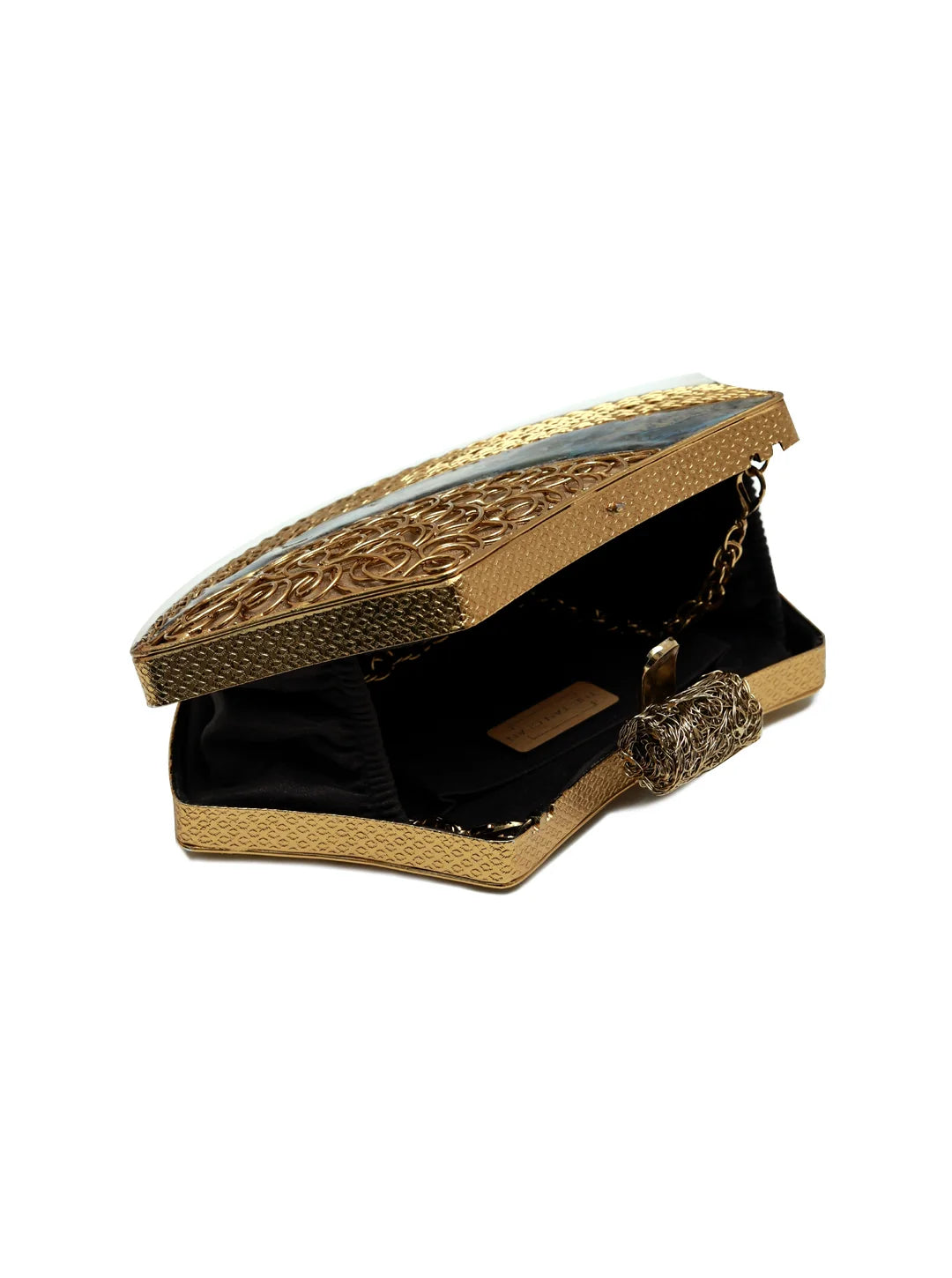 Lynn Golden Brass Clutch by The Tan Clan featuring a shiny gold brass finish and elegant design for evening accessories.