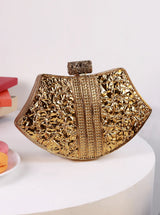 Lynn Golden Brass Clutch by The Tan Clan featuring a sleek, metallic gold design and compact style for evening occasions