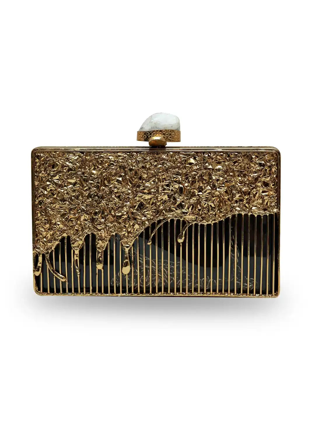 Nayla Brass Clutch by The Tan Clan featuring a stylish brass finish and sleek design, perfect for evening events and special occasions.
