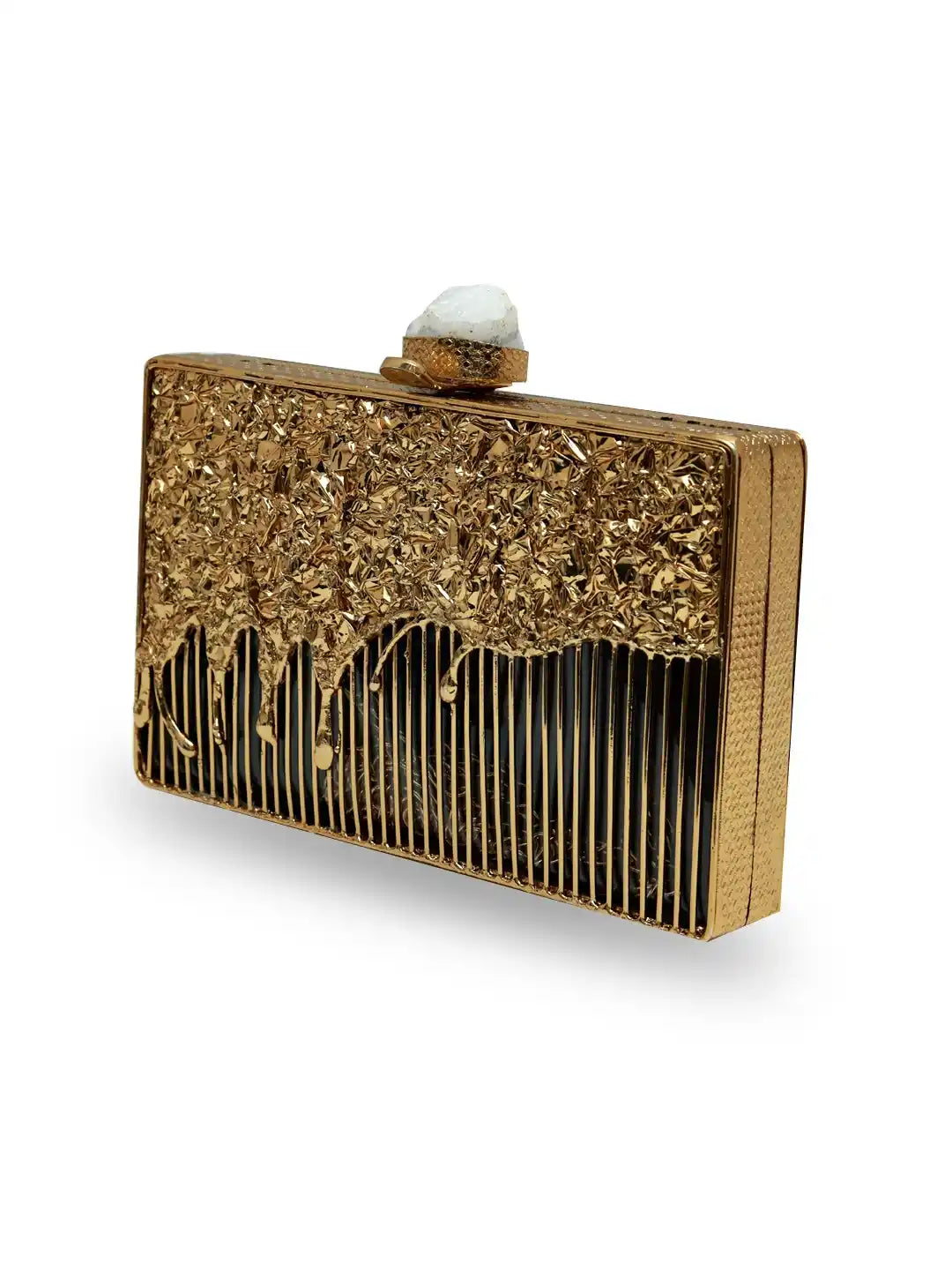 Nayla Brass Clutch by The Tan Clan featuring a sleek metallic finish and compact design perfect for evening outings.
