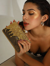 Nayla Brass Clutch by The Tan Clan featuring a sleek metallic finish and compact design for elegant evening occasions.