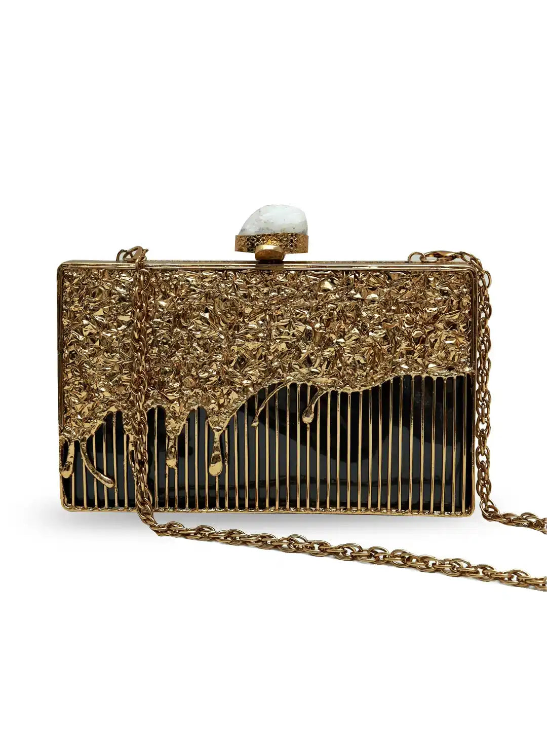 Nayla Brass Clutch by The Tan Clan, elegant gold-toned clutch with sleek design and compact shape, perfect for evening occasions.