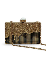 Nayla Brass Clutch by The Tan Clan, elegant gold-toned clutch with sleek design and compact shape, perfect for evening occasions.
