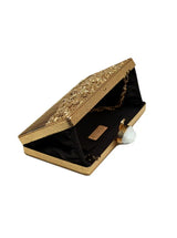 Nayla Brass Clutch by The Tan Clan featuring a sleek, metallic brass finish and minimalist design for elegant occasions.