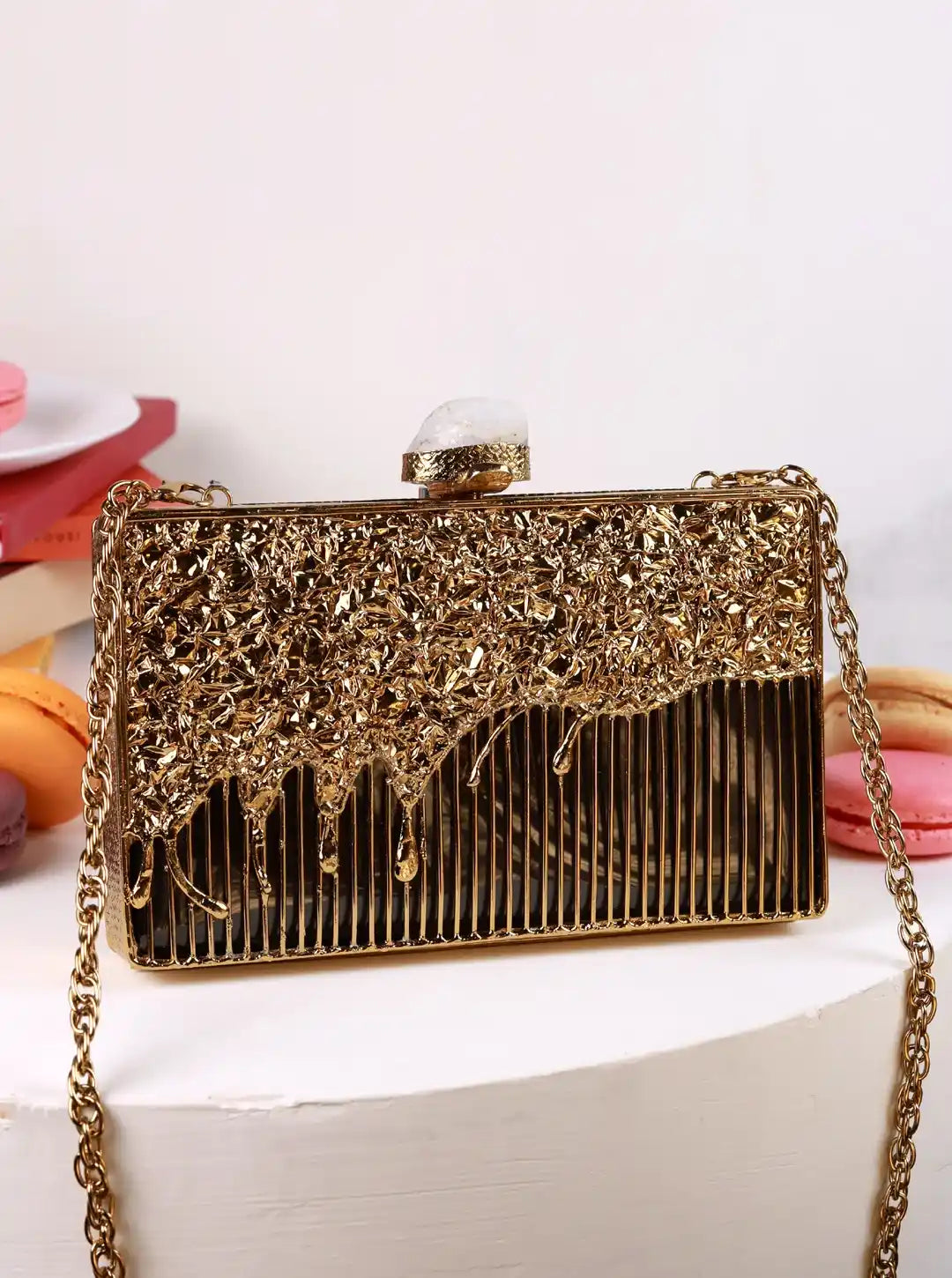 Nayla Brass Clutch by The Tan Clan featuring a sleek metallic finish and compact design, perfect for elegant evening occasions.