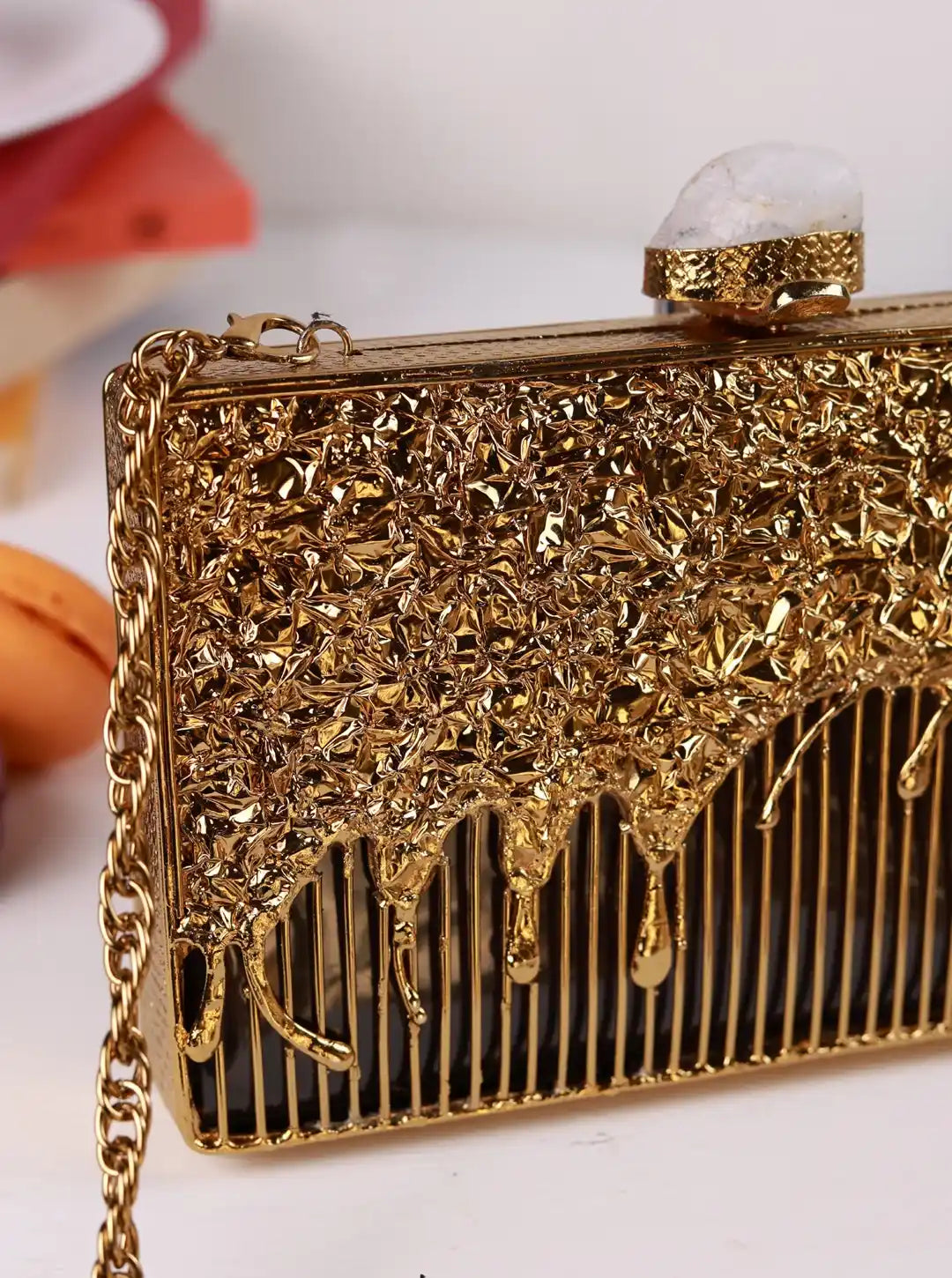 Nayla Brass Clutch by The Tan Clan, elegant gold-toned clutch with sleek design, perfect for evening occasions and stylish accessories.