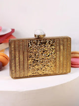 Nayla Brass Clutch by The Tan Clan featuring a sleek metallic design and compact size for elegant evening occasions.