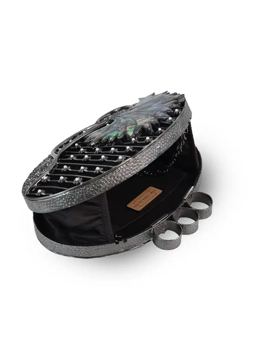 Nina Brass Clutch by The Tan Clan featuring a sleek, metallic finish and compact design for elegant evening use.
