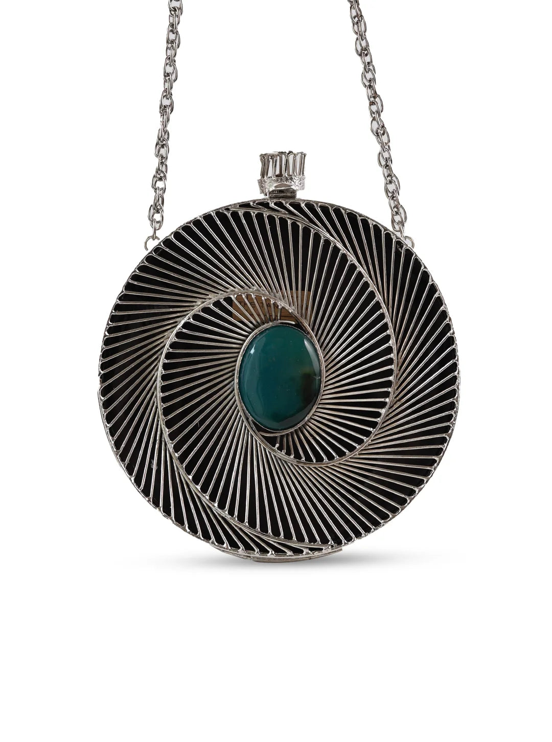 Black brass clutch bag by The Tan Clan, featuring a sleek compact design with a modern, elegant look.