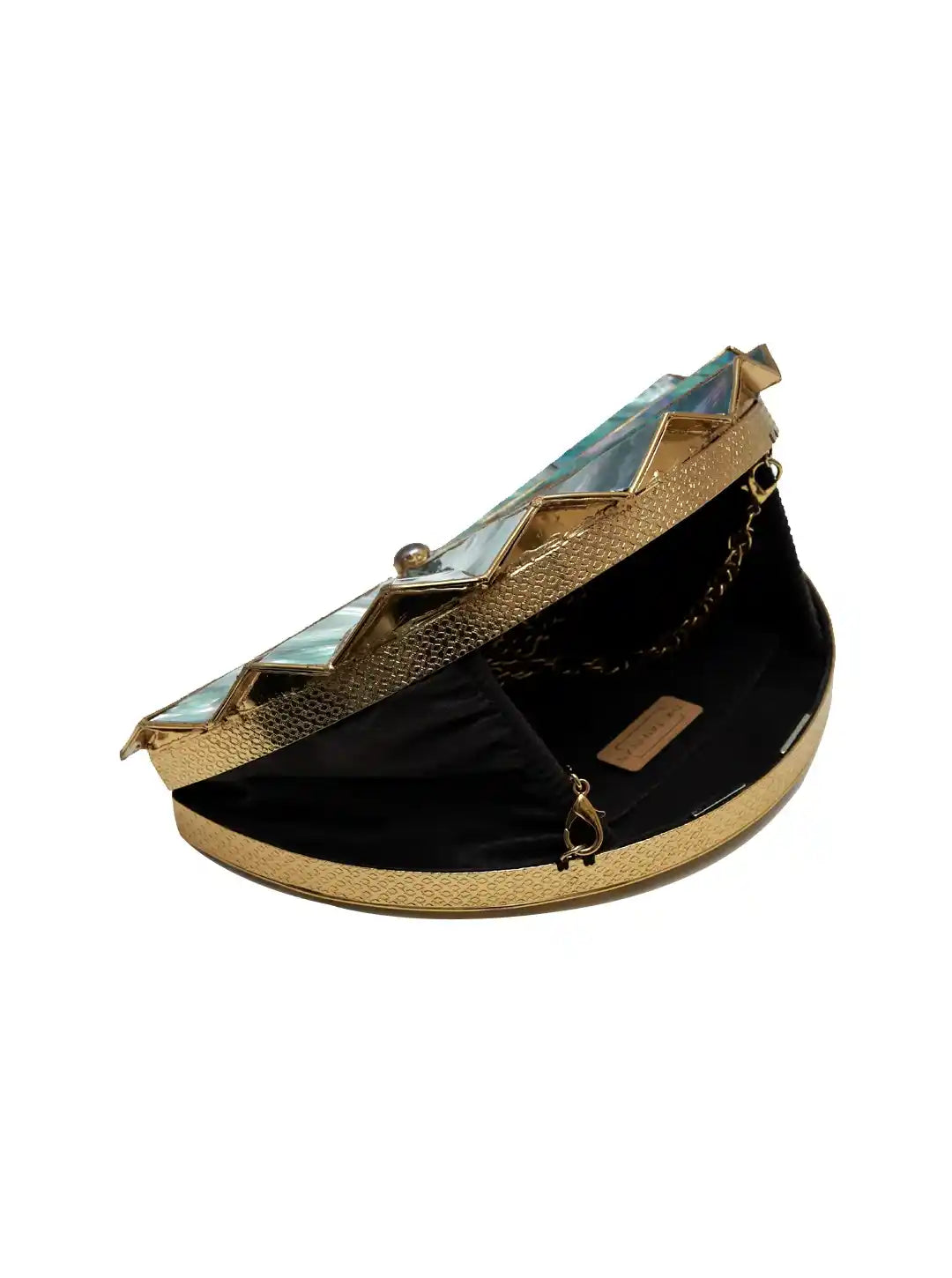 Opal brass clutch bag by The Tan Clan featuring a sleek, elegant design with a textured surface and metallic finish.