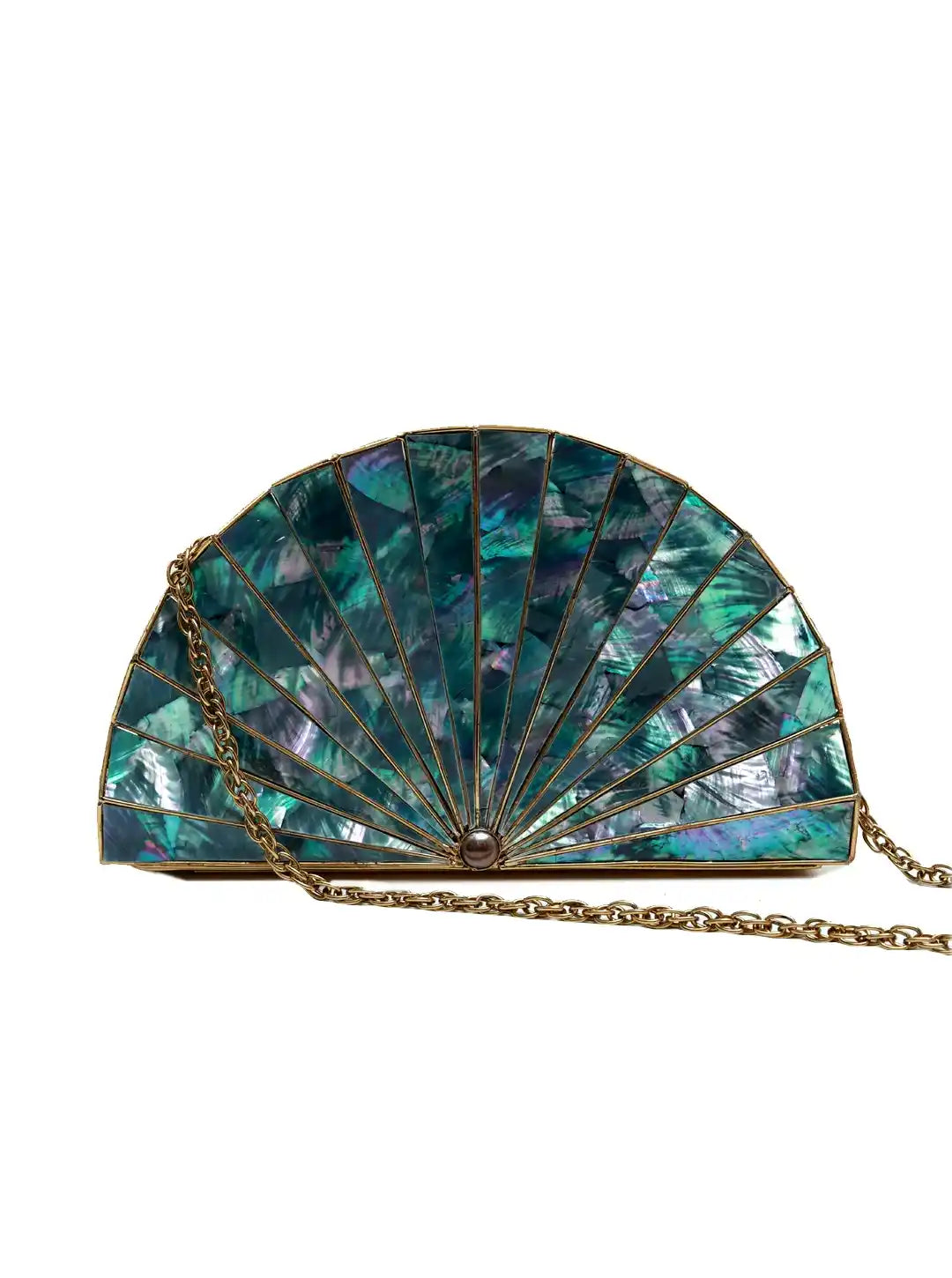 Opal brass clutch by The Tan Clan featuring a sleek design with a metallic finish and compact style for elegant occasions.