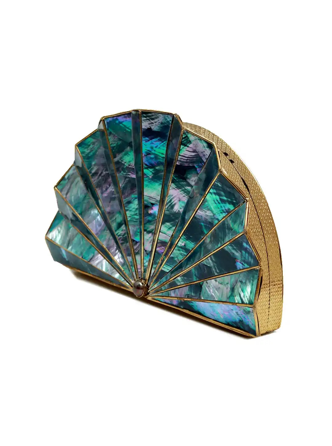 Opal brass clutch by The Tan Clan showing a sleek, polished brass clutch with a minimalist design for elegant evening use.