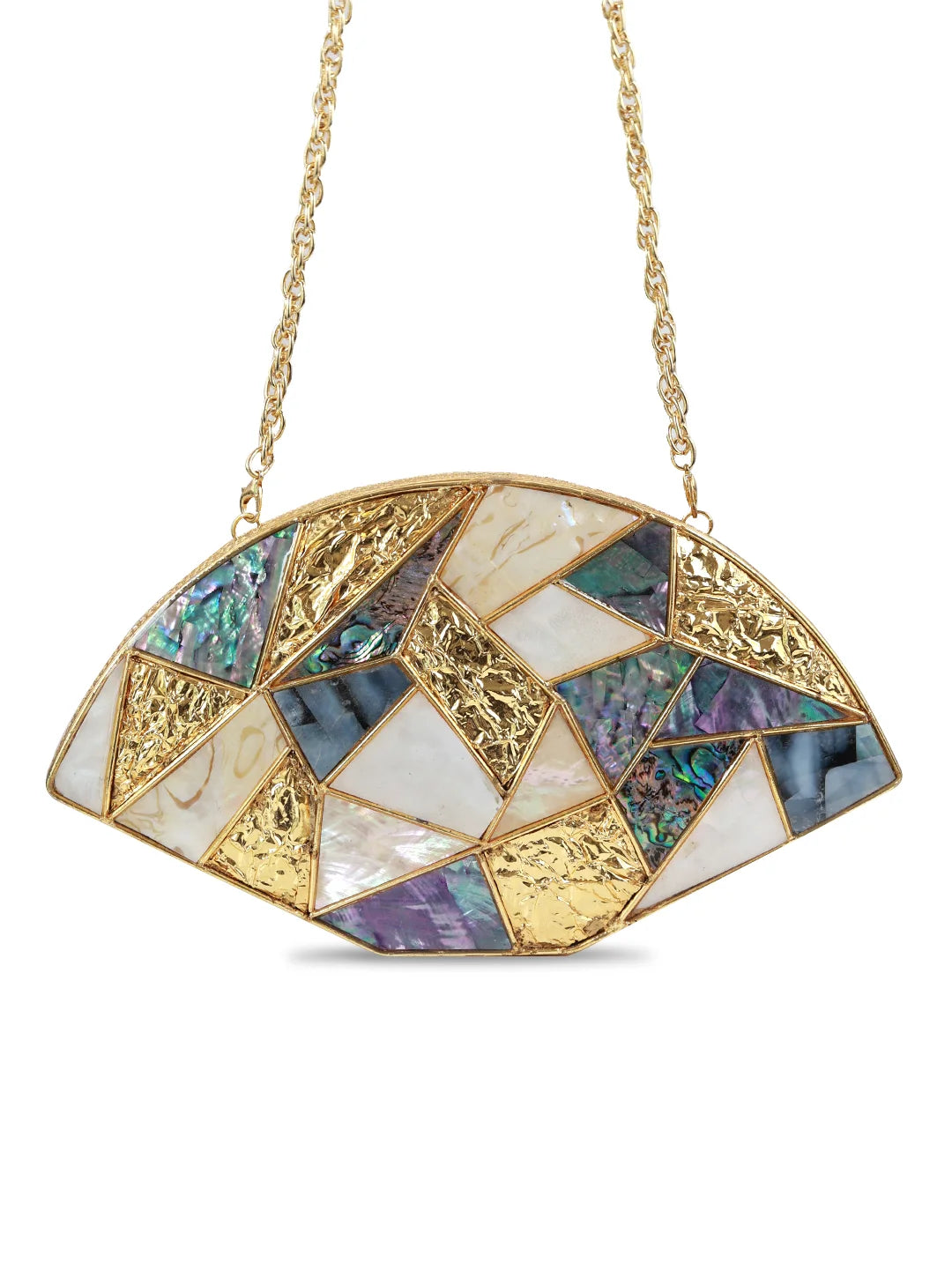 Multicolor brass clutch bag from The Tan Clan Quinn collection, featuring a stylish design and compact size for evening use.